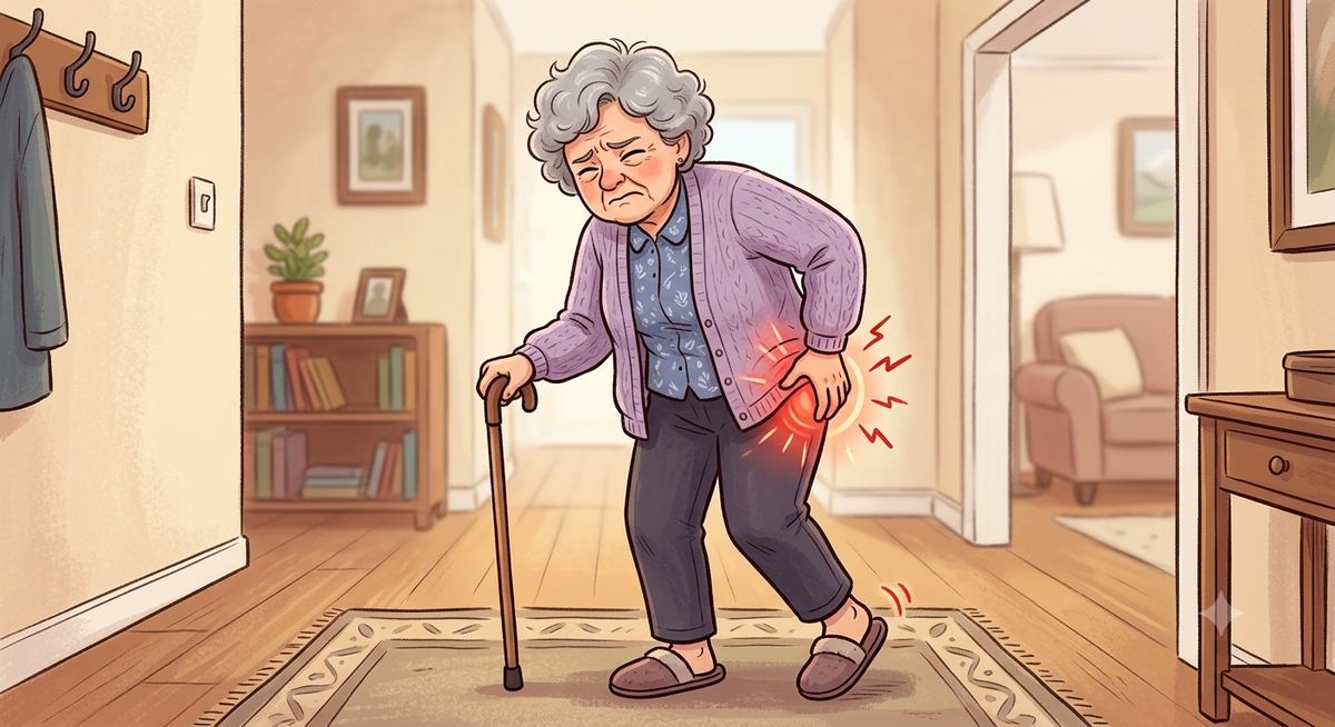 Ilustração em estilo cartoon de uma senhora idosa em casa, apoiada em uma bengala, com expressão de dor e a mão sobre o quadril
