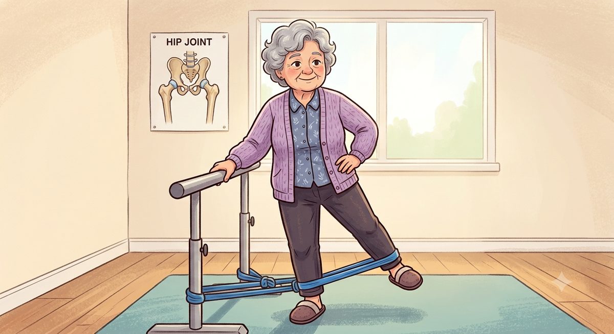 Ilustração em estilo cartoon de uma idosa sorridente fazendo exercício de fisioterapia com faixa elástica, apoiada em uma barra, em uma sala de reabilitação