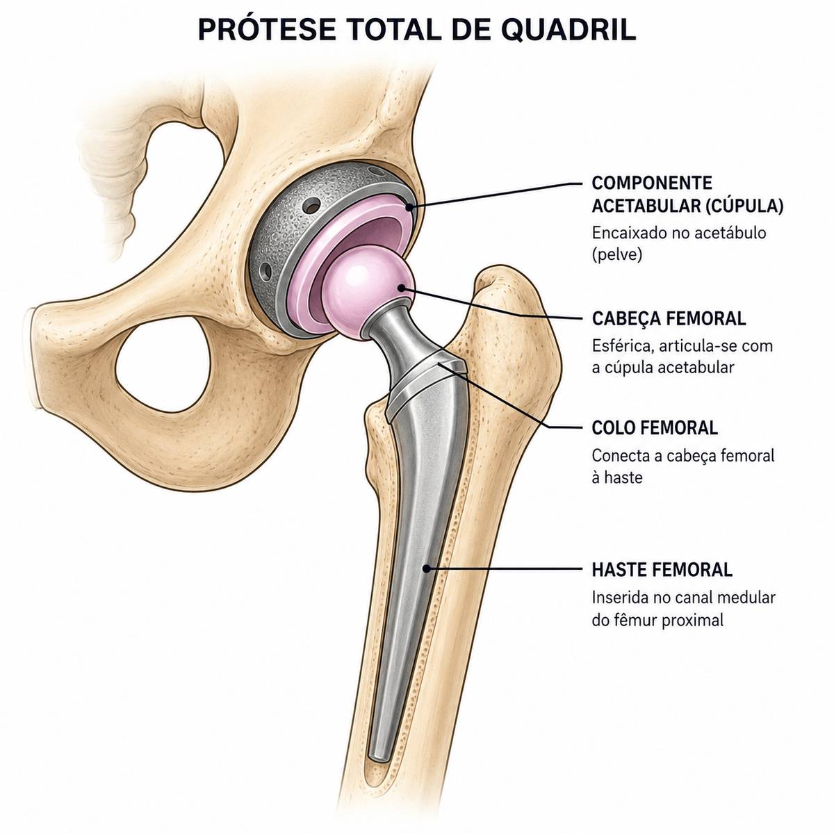 Ilustração dos componentes de uma prótese total de quadril: componente acetabular (cúpula) encaixado na bacia, cabeça femoral esférica, colo femoral e haste femoral inserida no fêmur