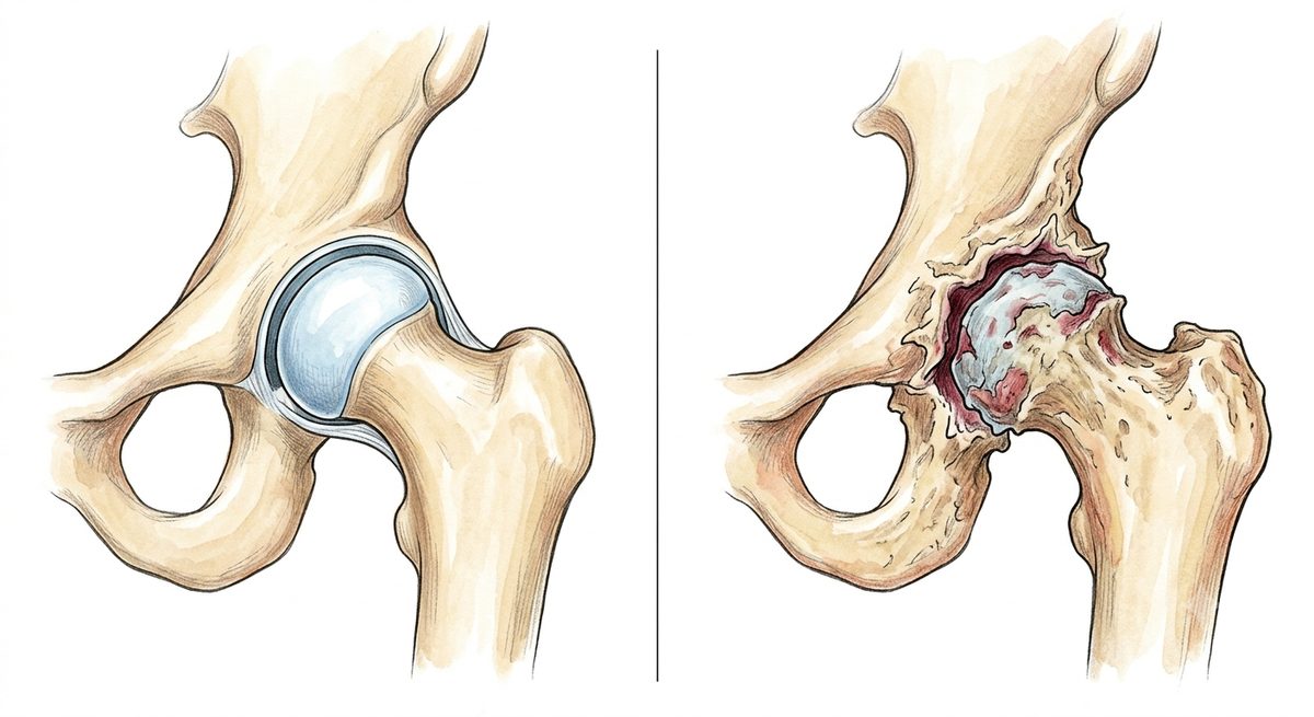 Ilustração comparando dois quadris: à esquerda um quadril saudável com cartilagem preservada; à direita um quadril com artrose, com desgaste da cartilagem e alterações no osso